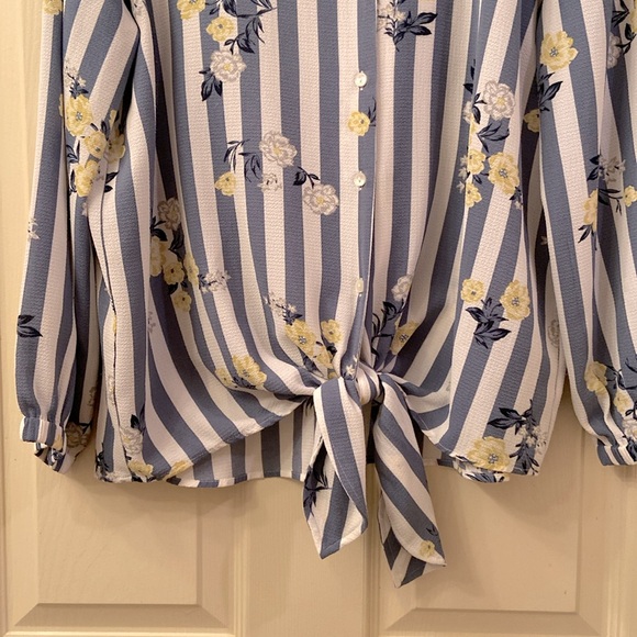 Ann Taylor Blouse Blue White Stripe Floral Tie at Waist Long Sleeve WM SZ M 💛 - Picture 4 of 11